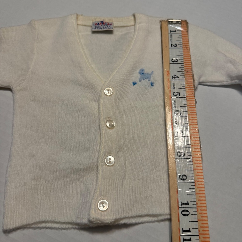 Vintage Cradle Knit Kids White Cardigan Sweater Blue Embroidered Poodle USA Made - Picture 6 of 7